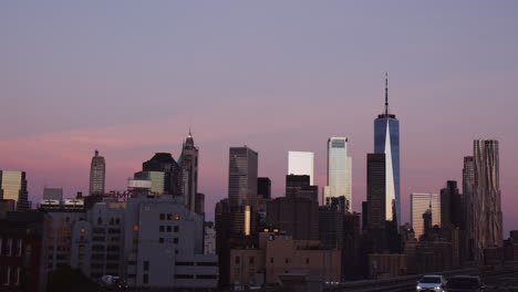 Manhattan-Skyline-With-One-World-Trade-Center-Building-At-Sunset-In-New-York-City,-New-York,-USA