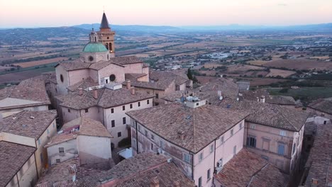 Aerial-view-of-The-Duomo-of-Sant'-Emiliano,-a-Romanesque-church-located-in-TREVI-overlooking-clitunno's-valley