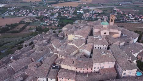 Aerial-view-on-The-Duomo-of-Sant'-Emiliano,-a-Romanesque-church-located-in-TREVI-overlooking-clitunno's-valley