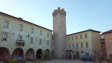 Panoramic-view-of-the-famous-Watch-tower-located-in-Piazza-Mazzini,-the-main-square-of-TREVI-in-Umbria,-a-region-in-central-Italy