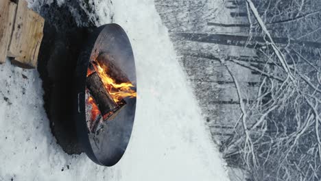 Vertical-Shot-Of-Fire-In-Bowl-In-Rural-Snowy-Scene,-Near-Frozen-Trees-In-Winter