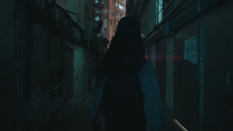 A-cinematic-shot-of-a-girl-walking-confidently-in-a-small-dark-eerie-and-dirty-street-during-the-night-in-a-big-city