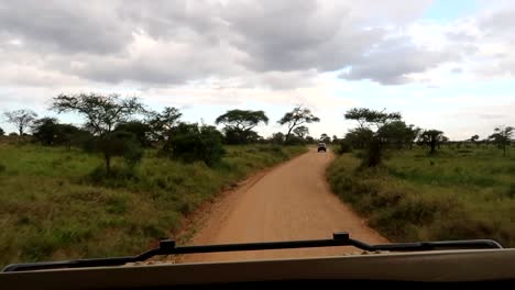 POV-shot-over-the-engine-hood-on-a-safari,-as-another-car-passes-by-on-the-dirt-road
