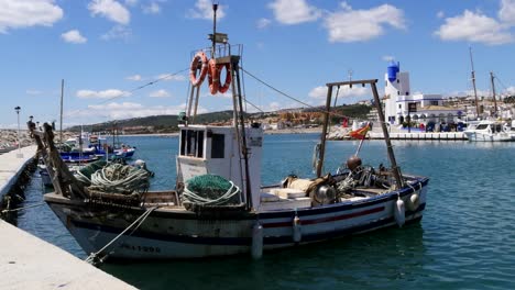 Static-Mid-Shot---Traditional-Spanish-Fishing-Boats-at-Puerto-de-La-Duquesa-in-Spain
