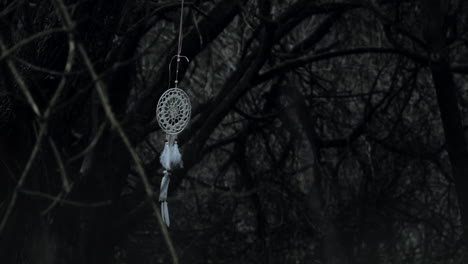 Mysterious-dreamcatcher-swings-eerily-in-dark-creepy-forest,-slow-mo