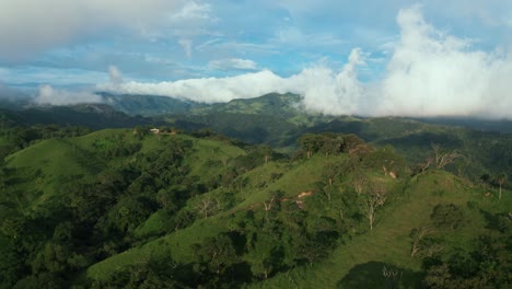 Beautiful-aerial-drone-shot-of-nature-and-green-hills-at-Monteverde-National-Park---Cloud-Forest-in-Costa-Rica