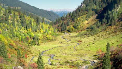 Wunderschöne-Alpenlandschaft-An-Einem-Sonnigen-Herbsttag,-Grüne-Bäume-An-Berghängen-Und-Ein-Kleines-Tal-Dazwischen-Mit-Einem-Kleinen-Flussbach-Und-Grünem-Weideland