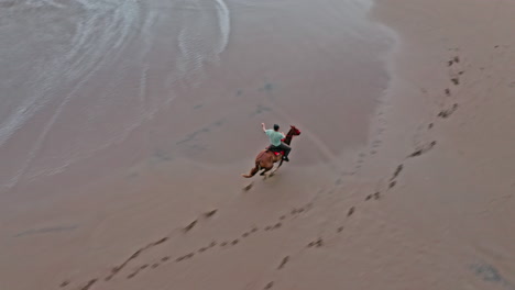 Aerial-Drone-Shot-of-Single-Man-Horseback-Riding-Galloping-along-the-Beach-in-Tambor,-Costa-Rica