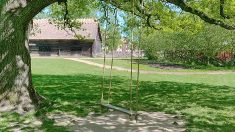 Swing-hanging-from-tree-in-countryside-with-green-grass-and-barn-background,-Static-real-time