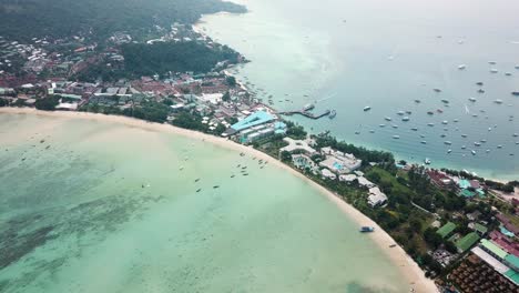 Koh-Phi-Phi-Don-Island,-Krabi-Thailand,-Aerial-View-on-Exotic-Double-Bay,-Beach-and-Harbor-Pier