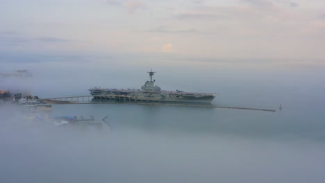 USS-Lexington-Museum-on-a-foggy-day-in-Corpus-Christi,-Texas