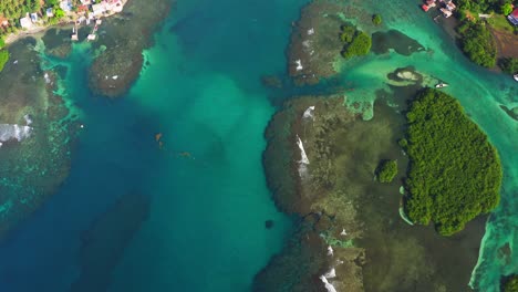 Aerial-birds-eye-view-above-coral-reef-turquoise-ocean-coastline-tilt-up-to-panama-island-resort