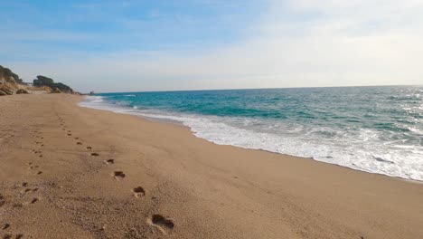 beautiful-mediterranean-sand-beach-,maresme-barcelona,-san-pol-de-mar,-with-rocks-and-calm-sea-and-turquoise-with-footprints-in-the-sand