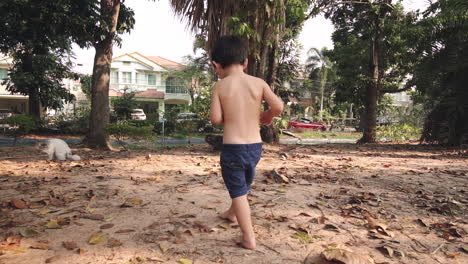 Slow-Motion-clip-of-a-Wild-Shirtless-asian-kid-walking-barefoot-on-dry-leaves-and-soil-chasing-a-white-and-a-gray-cat-in-the-backyard