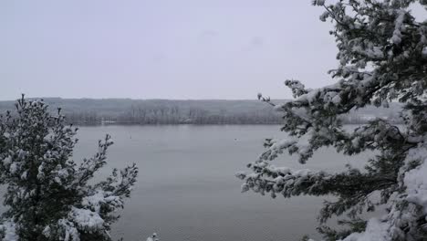Winter-lake-reveal-shot-through-snow-capped-trees,-Aeral