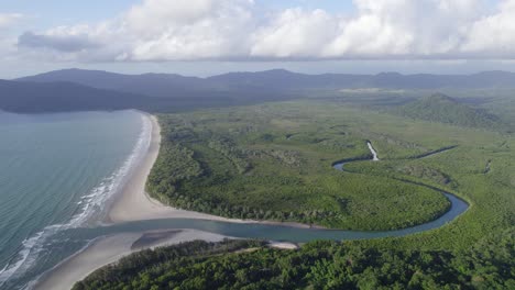 Beach,-River-And-Rainforest-At-Daintree-National-Park-In-Far-North-Queensland,-Australia---aerial-shot