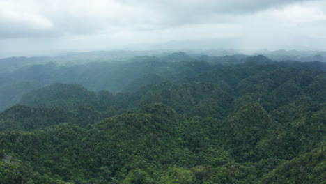 Slow-zoom-out-of-verdant-mountain-tops-in-Puerto-Rico's-jungle-covered-interior