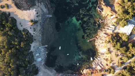 Aerial-view-of-a-beautiful-cove-with-turquoise-blue-water-surrounded-by-pine-forest