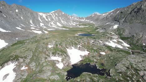 Aerial-View-Small-Lakes-in-Valley-Under-Hills-of-Tenmile-Mountain-Range,-Colorado-USA