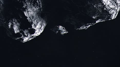 Futuristic-Battleship-in-Outer-Space-Flying-Past-a-Large-Asteroid