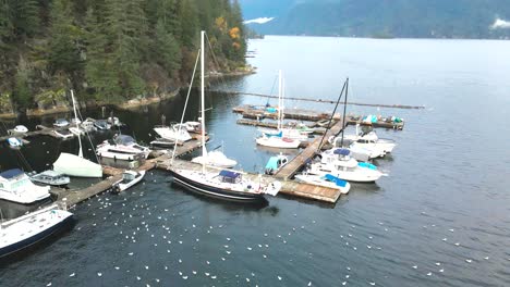 Entzückende-Szene-Von-Segelbooten-Und-Motorbooten,-Die-An-Einem-Bewölkten-Tag-Im-Norden-Von-Vancouver-Am-Deep-Cove-Marina-Andocken