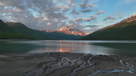 Aerial-View-Of-Eklutna-Lake-With-Tranquil-Waters-In-Alaska---drone-shot
