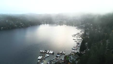 Magnificent-Shot-of-Deep-Cove-in-North-Vancouver-in-BC-Canada-on-a-foggy-day-with-beautiful-reflections-in-the-water-: