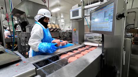 Timelapse-of-a-blue-collar-laborer-working-on-a-burger-patty-processing-production-line
