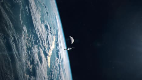 Cinemática-Planeta-Tierra-Desde-La-órbita-Con-La-Luna-En-El-Fondo-Y-Una-Nave-Espacial-Acercándose