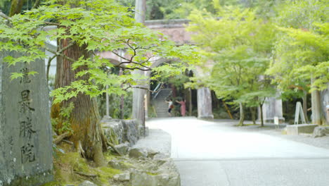 Tallado-En-Piedra-Sentado-Junto-A-Un-árbol-Frente-A-Un-Puente-De-Ladrillo-Con-Turistas-Tomando-Fotos-En-Kyoto,-Japón-Iluminación-Suave