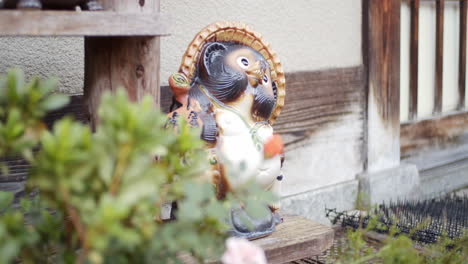 Green-leaves,-tanuki,-racoon-statue-sittng-outside-a-house-in-Kyoto,-Japan-soft-lighting