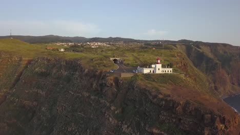 Aerial-view-of-ponta-do-Pargo-light-house,-Calheta,-Madeira-island,-Portugal