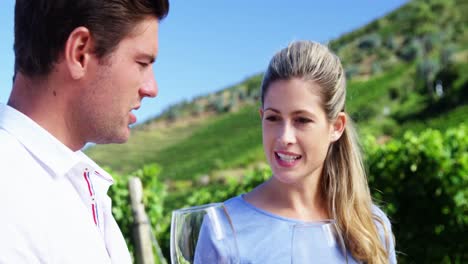 Couple-interacting-while-examining-wine-in-vineyard