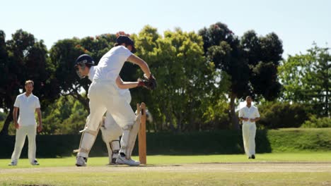 Fielder-throwing-ball-to-wicket-keeper-during-cricket-match