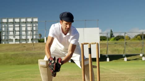 Wicket-keeper-collecting-cricket-ball-behind-stumps-during-match