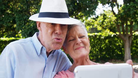 Senior-couple-taking-selfie-form-mobile-phone-in-park