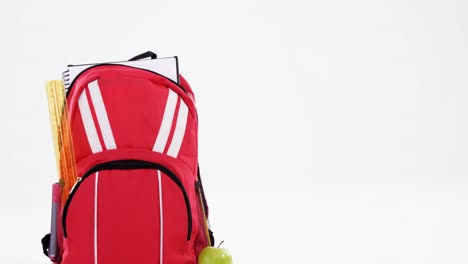 Red-schoolbag-and-apple-on-white-background