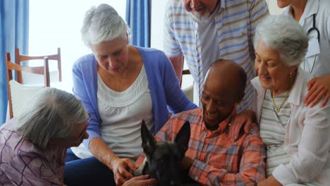 Senior-friends-petting-a-dog-at-retirement-home-4k
