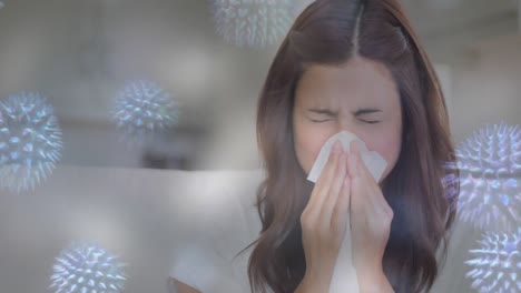 Woman-sneezing-while-suffering-from-allergy-and-bacterial-cell-4k