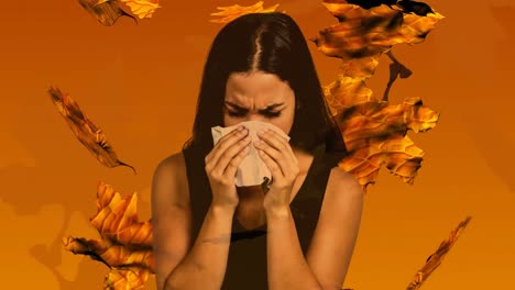 Falling-autumn-leaves-and-girl-sneezing-while-suffering-from-allergy-4k
