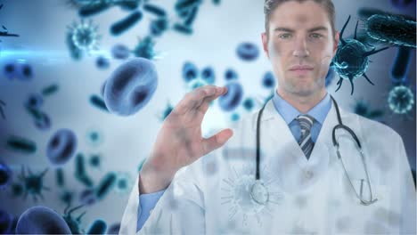 Doctor-holding-invisible-object-against-bacteria-cells-4k