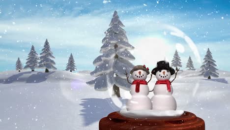 Cute-Christmas-animation-of-snowman-couple-in-snow-globe-in-magical-forest-4k