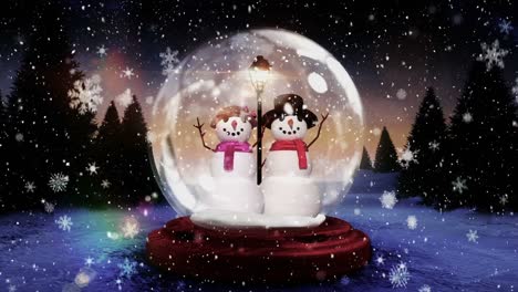 Cute-Christmas-animation-of-snowman-couple-in-snow-globe-in-magical-forest-4k