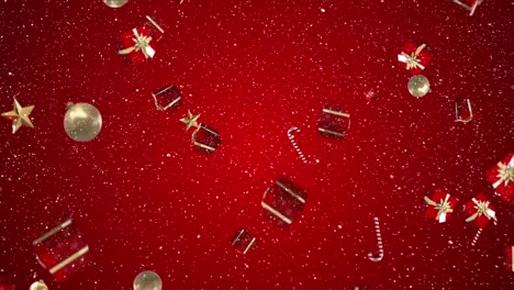 Digital-animation-of-christmas-gifts-and-decoration-falling-against-red-background-4k