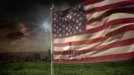 Digital-animation-of-american-flag-swaying-in-city-4k