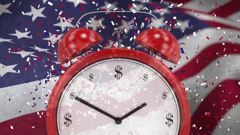 Digital-animation-of-alarm-clock-against-swaying-American-flag-4k