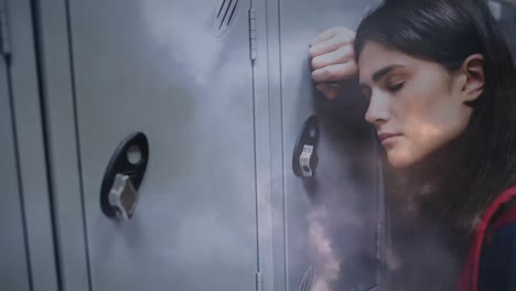 Digital-animation-of-exhausted-woman-leaning-on-the-locker-4k