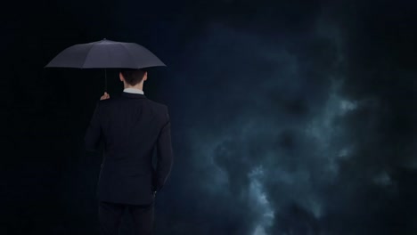 Geschäftsmann-Blickt-Mit-Regenschirm-Auf-Sturm