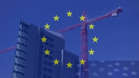 European-flag-with-crane-working-on-building-in-the-background