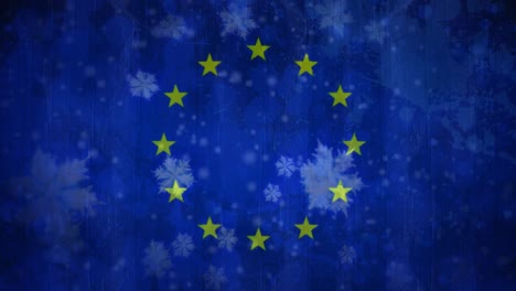 European-flag-with-snowflakes-during-snowfall